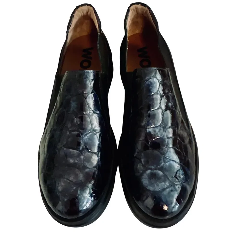 Wonders Spain Barbun Patent Leather Croc Embossed Wedge Platform Slip On Shoes